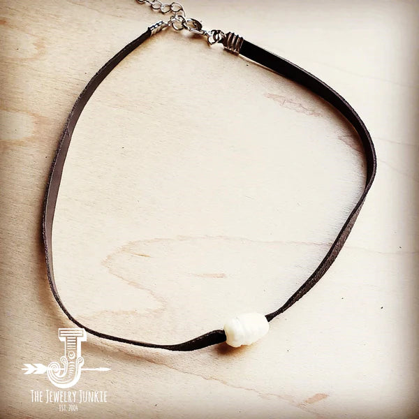 Floating Pearl on Leather Choker Necklace