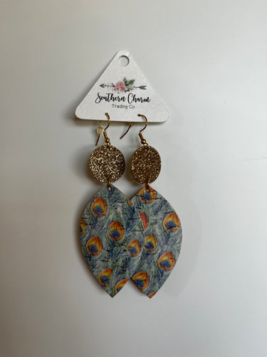 Gold Glitter and Peacock Dangle Earrings