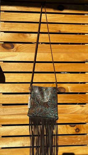 Small Crossbody Handbag with Turquoise Tooled Leather