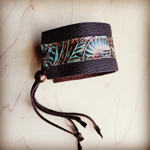 Leather Cuff with Adjustable Tie with Brown & Turquoise Accent