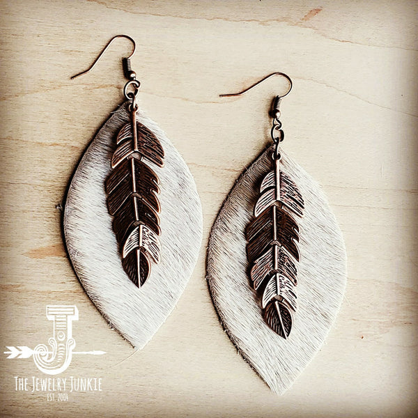 Leather Oval Hair On Earrings with Copper Feather